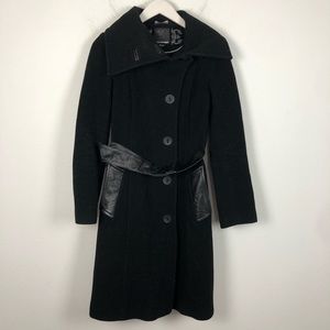 Mackage black wool long coat with leather belt and pockets Size XS